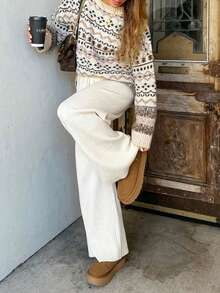 FOR BEAUTY 复古圆领费尔岛提花长袖针织毛衣，女士宽松休闲套头衫，新年 - 杏色 - 查看 8