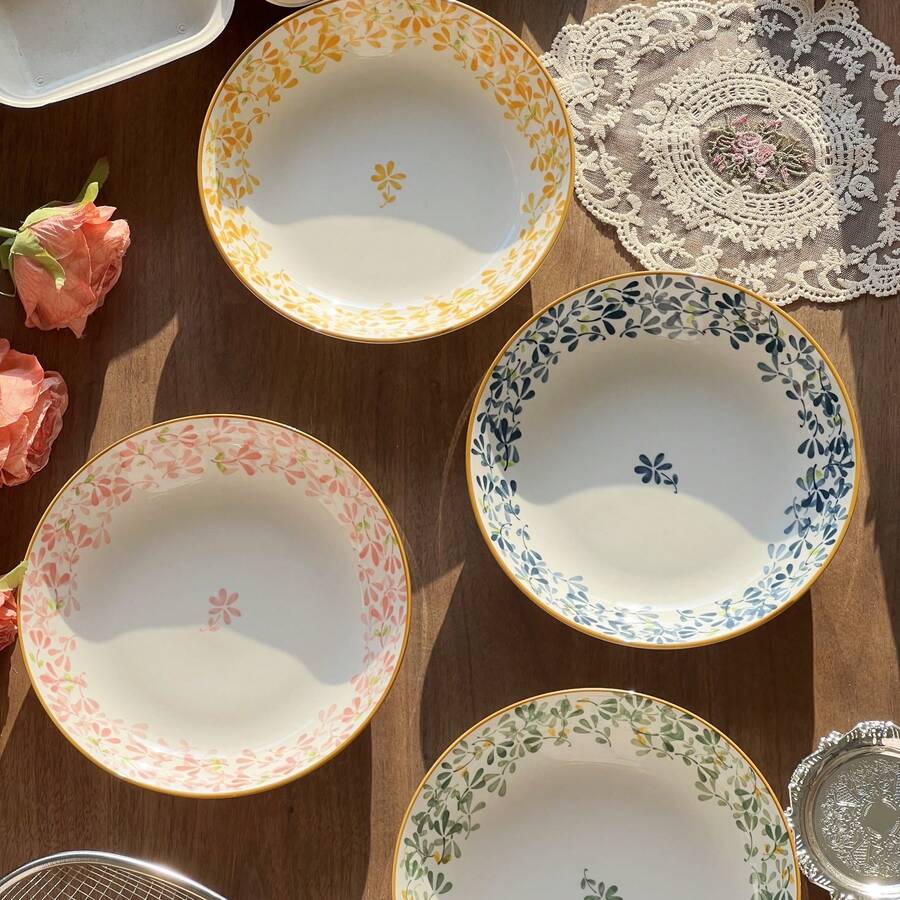 4件套8英寸/20.2厘米陶瓷花卉图案意面/沙拉/甜点盘，可爱餐具套装，适用于家庭、厨房、餐厅，餐具配件 - 彩色 - 查看 1