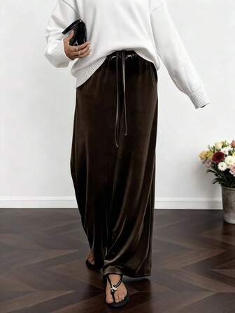 EARO 女士新款天鹅绒面料休闲百搭通勤高腰保暖秋冬直筒长裤