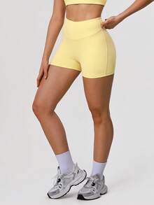 Sodalemon Women Fitness No Front Seam Casual Lift Buttocks Solid Color Yoga Running Sport Shorts - Yellow - View 4