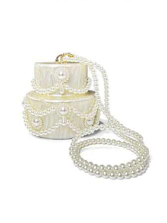 1pc White Fashionable Acrylic Cake Shaped Women's Evening Bag, With Detachable PU Wrist Strap And Adjustable Pearl Shoulder Strap, Suitable For Wedding, Party, Vacation As Gift. Clutch, Crossbody, Shoulder Bag