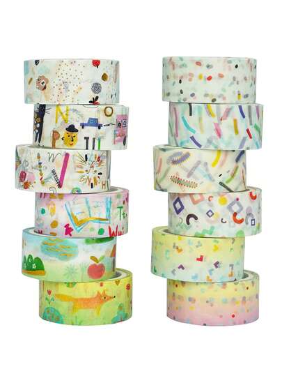 Bộ 12 cuộn băng dính Graffiti & Washi, họa tiết lá vàng, hình dán trang trí hoạt hình dễ thương, thích hợp cho sáng tạo nghệ thuật, đồ thủ công DIY, nhật ký, sổ kế hoạch, album ảnh, bao bì, v.v.
