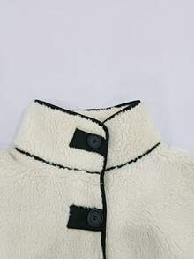 Plus Size Fashionable Turtleneck Teddy Bear Coat, With Contrast Trim And Pockets, Raglan Sleeves, Woven Fabric, Regular Length, Christmas