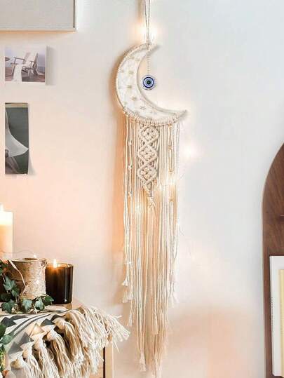 1pc Boho Macrame Woven Wall Hanging, Crochet Crescent Moon Star Dream Catcher With Long Tassel- White Cotton Handmade Bohemian Home Decor Decoration Art Craft For Bedroom Dorm Room