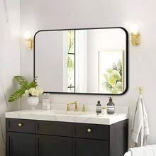 Big Bathroom Mirror Wall 26x38 Rounded Rectangle With Matte Metal Frame Black Large Rectangular Vanity Mirror - 26吋 x 38吋 +黑色 - 查看 1