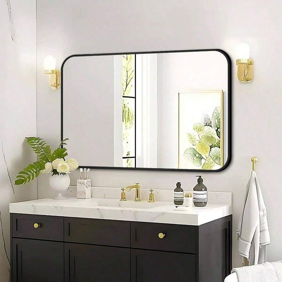 Big Bathroom Mirror Wall 26x38 Rounded Rectangle With Matte Metal Frame Black Large Rectangular Vanity Mirror - 26吋 x 38吋 +黑色 - 查看 1