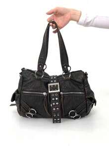 Y2K 街头风女士个性化鳄鱼纹手提包，大容量复古铆钉工艺单肩包，多口袋拼接可拆卸肩带，斜挎包，日常、工作、派对皆宜，是绝佳的节日时尚礼物。 - 黑色 - 查看 9