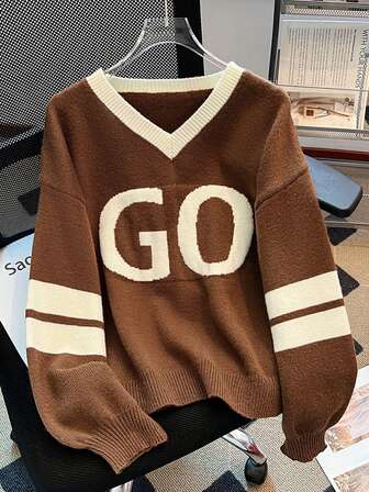 女士提花针织毛衣，V领修身休闲宽松套头衫，时尚街头风，适合秋冬季穿着