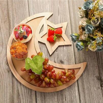 1pc Vintage Wooden Moon & Star Food Tray, Candy Dish And Fruit Plate, Ramadan Dining Table Decor, Suitable For Events & Parties, Ramadan, Creative Star Moon Fruit Plate Home Decor
