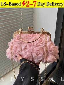 Vintage Elegant 3D Rose Evening Clutch With Chain, Satin Shell Purse For Wedding, Prom, Formal Events, Romantic Floral Embroidery Clutch Bag 2025, New Floral Chain Design Evening Bag, Fashion Clutch Handbag For Ladies, Shoulder/Crossbody Bag, Solid Color Chain Tote Bag [Floral Pattern Placement Random] 3D Rose Clutch Bag - Detachable Chain Shell Purse For Wedding & Party, Vintage Floral Embroidery Evening Bag In Pink, Black, White, Beige  Thanksgiving Accessory  Christmas Market Bag [US Local Warehouse] - Multicolor - View 13