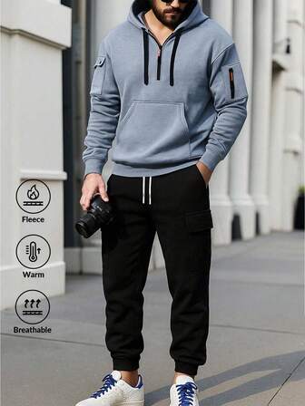 طقم هوديي وبنطلون كارجو مبطن حراري للرجال للاستخدام اليومي والرياضة الخارجية، خريف/شتاء