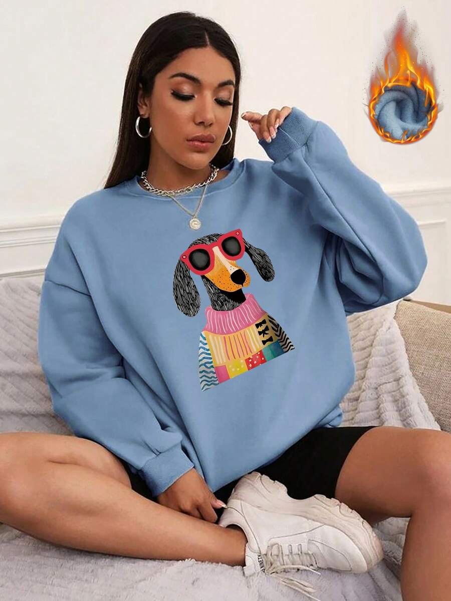 Bluza damska z motywem jamnika, podszyta polarem, mieszanka bawełny, obniżone ramiona, gruba tkanina na jesień/zimę, zatrzymująca ciepło, bluza z kapturem z podszewką z polaru, luźny krój, swobodny styl, uniwersalny, odpowiedni na zimne dni, damska koszulka z długim rękawem - Niebieski dżins - Zobacz 1
