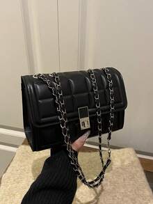 时尚新款格纹压花迷你单肩包，街头链条斜挎包，简约通勤扭扣小方包，女士 - 黑色 - 查看 8