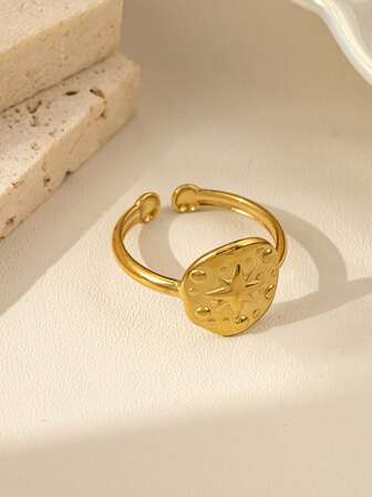 1ชิ้น แหวนเปิดปรับได้ลายนูนรูปดาวแปดแฉกสีทองสไตล์วินเทจ ดีไซน์ยุโรปและอเมริกาสุดพิเศษ เครื่องประดับ