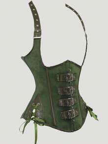1pc Women's Halter Neck PU Leather Waist Cincher Punk Style Leather Corset Top, Waist Slimming - Army Green - View 2