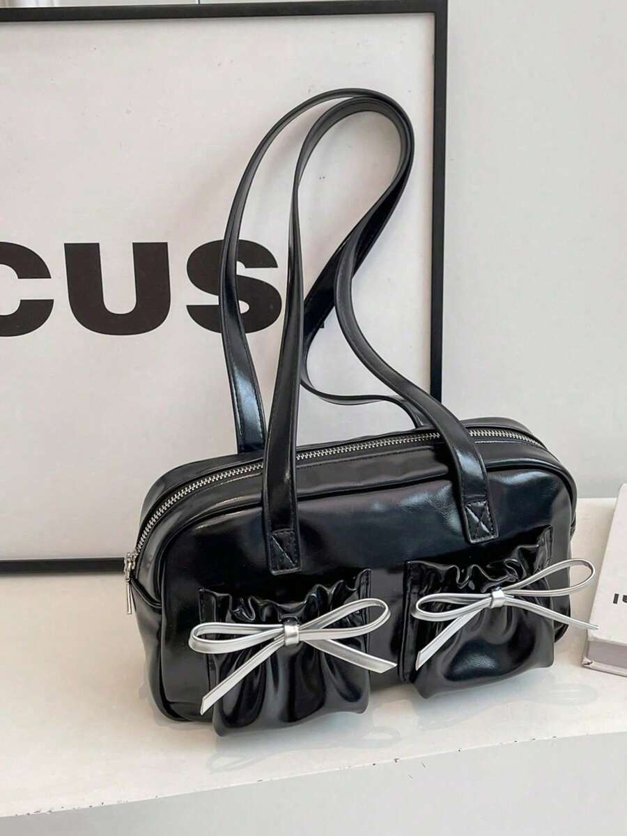 大容量 PU 手提包，简约时尚女士多口袋单肩包，纯色个性化大容量手提包 - 黑色 - 查看 1