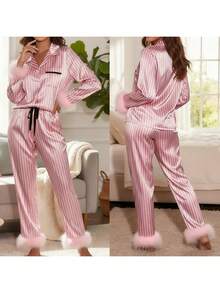 Women's 2 Piece Satin Lounge Set Long Sleeve Lapel Stripe Print Shirt Pants Sleepwear - 亮粉紅色 - 查看 2