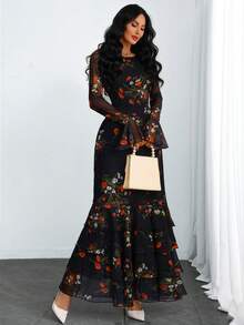 女式哥特式优雅复古性感现代华丽花瓣长袖网眼浪漫荷叶边多层蛋糕下摆彩色印花连衣裙适合节日假期约会和日常 - 彩色 - 查看 2