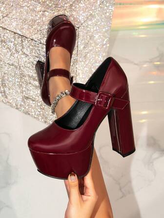 1 Pair Solid Color Basic Thick Sole High Heel Pumps, Outdoor Low Vamp Chunky Heel Super High Heels For Women