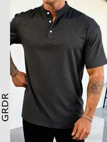 GRDR 男士休闲亨利领短袖T恤，夏季 - 深灰色 - 查看 1