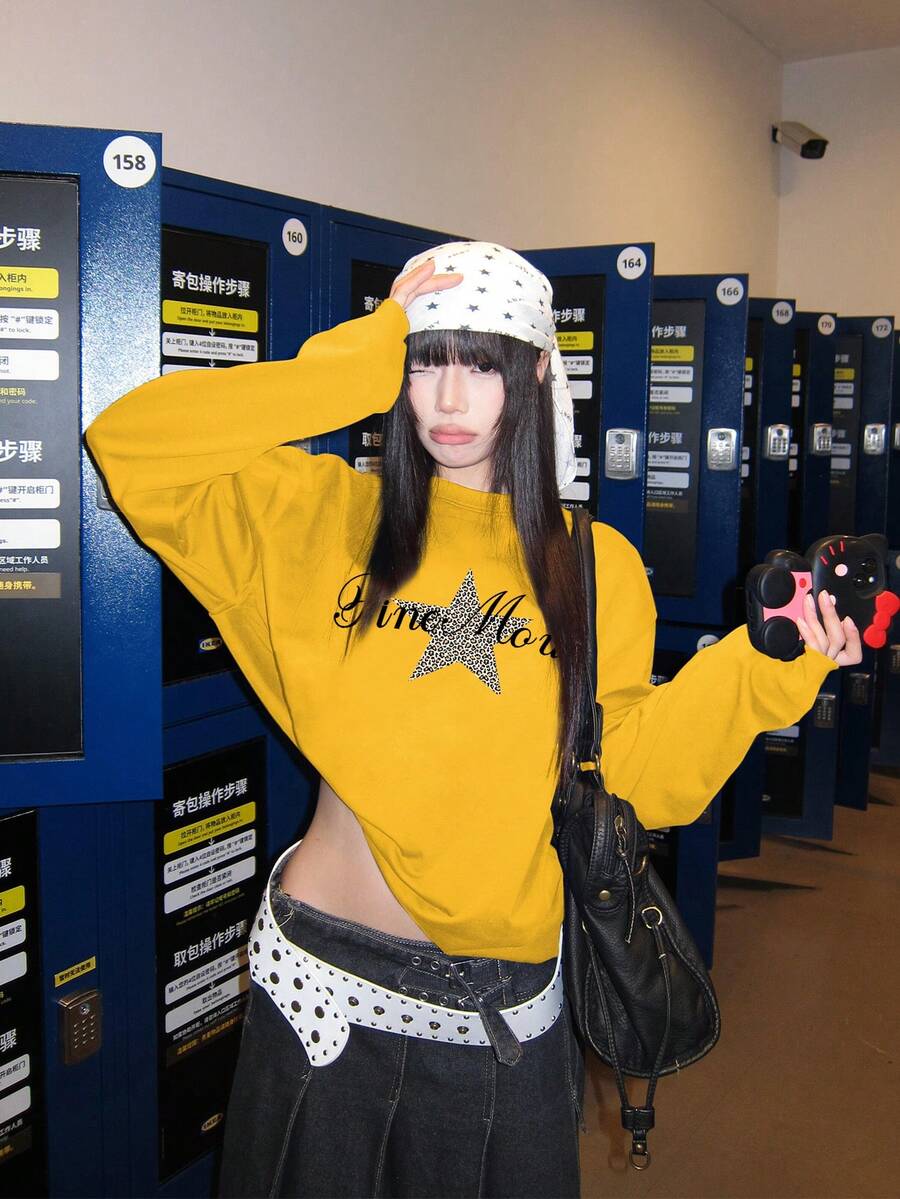 星形字母印花美式长袖T恤，秋季宽松休闲街头风女装上衣 - 黃色 - 查看 1