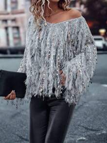 Áo len dệt kim tua rua đính sequin sang trọng cỡ lớn thời trang thu đông cho nữ - Áo dự tiệc cổ chữ V | Phong cách dạ hội quyến rũ Euro Chic - Xám - Xem 3