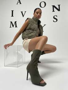 Women Square Peep Open Toe Ankle Booties - Olive Green - View 1
