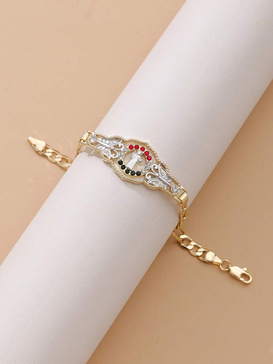 1 pieza Pulsera unisex de 14K chapada en oro con diseño religioso de San Benito, diseño original con circonita incrustada, decoración central con relieve esmaltado de color, joya de tono dorado duradero, regalo adecuado para cumpleaños, aniversarios y ocasiones especiales, apariencia lujosa - Dorado - Ver 1