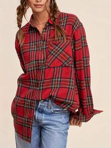 Women's Elegant Red & Black Plaid Shirt - Long Sleeve Pointed Collar Top, Classic Checkered Pattern - Red - View 2