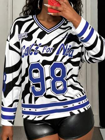 大码时尚斑马纹T恤，秋季款