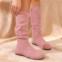 2025 New Women's Solid-Color Fashion Boots: Minimalist Round Toe, Flat Heel & Side-Zip Design-Versatile Mid-Calf & Ankle Styles For Casual Wear - 粉色 - 查看 5