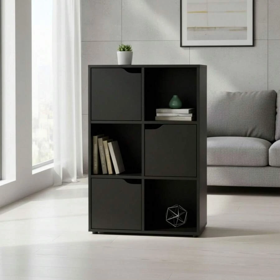 KIWI Modular Wooden Cube Shelving Unit In Various Sizes And Configurations (2 To 9 Compartments), Versatile Bookshelf For Books, Storage And Decoration, Various Colors Available - 黑色 - 6 個隔層 + 3 個門 | 60*29*90 厘米 - 查看 1