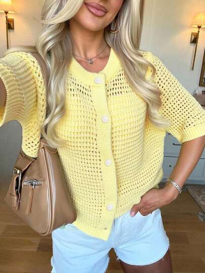 FOR BEAUTY Summer New Round Neck Short Sleeve Knit Cardigan, Women Loose Hollow Thin Button Cream Yellow Top, Casual Versatile, Suitable For Street Shopping, Daily Leisure, Outing, Graduation Ceremony, Party Spring