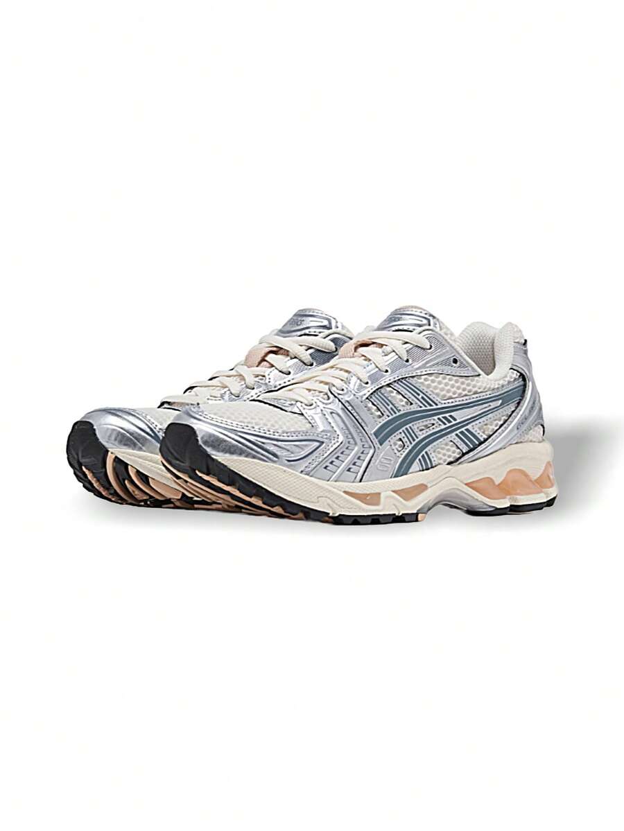 Asics KAYANO 14 男女通用运动鞋 透气吸汗 弹性好 百搭 纯色 易洗 运动户外跑步步行 银/米色/绿色 1203A537-109 - 銀色/米白色/深綠色 - 查看 1