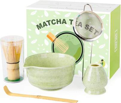 Matcha Whisk Set,Ceramic Matcha Kit Set Includes With Spout, Whisk,Holder,Bamboo Scoop Sifter,5 Pcs Matcha Tea Kit Matcha Lovers, Ideal Gift , Birthday (Green)