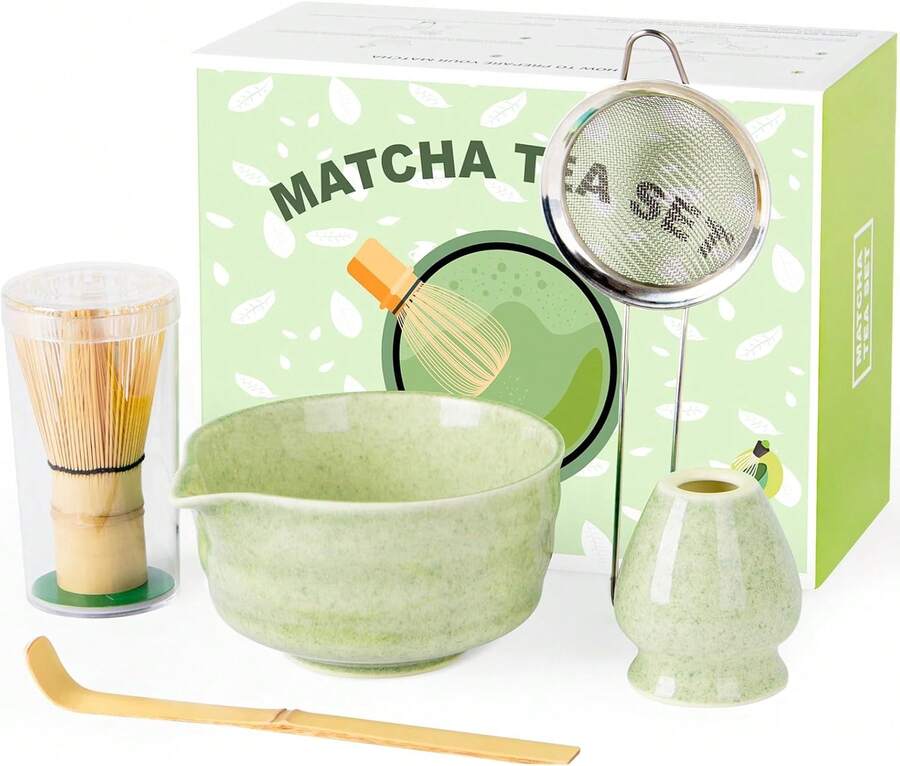Matcha Whisk Set,Ceramic Matcha Kit Set Includes With Spout, Whisk,Holder,Bamboo Scoop Sifter,5 Pcs Matcha Tea Kit Matcha Lovers, Ideal Gift , Birthday (Green) - màu xanh lá - Xem 1