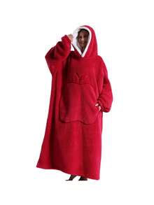 Oversized Hooded Sweatshirt Blanket, Women Loose Hooded Blanket, Super Soft & Warm, Front Apple Pocket Design, Unisex, Large Pocket, Comfortable Home Wear, Brown/Navy Blue/Red - Multicolor - View 16