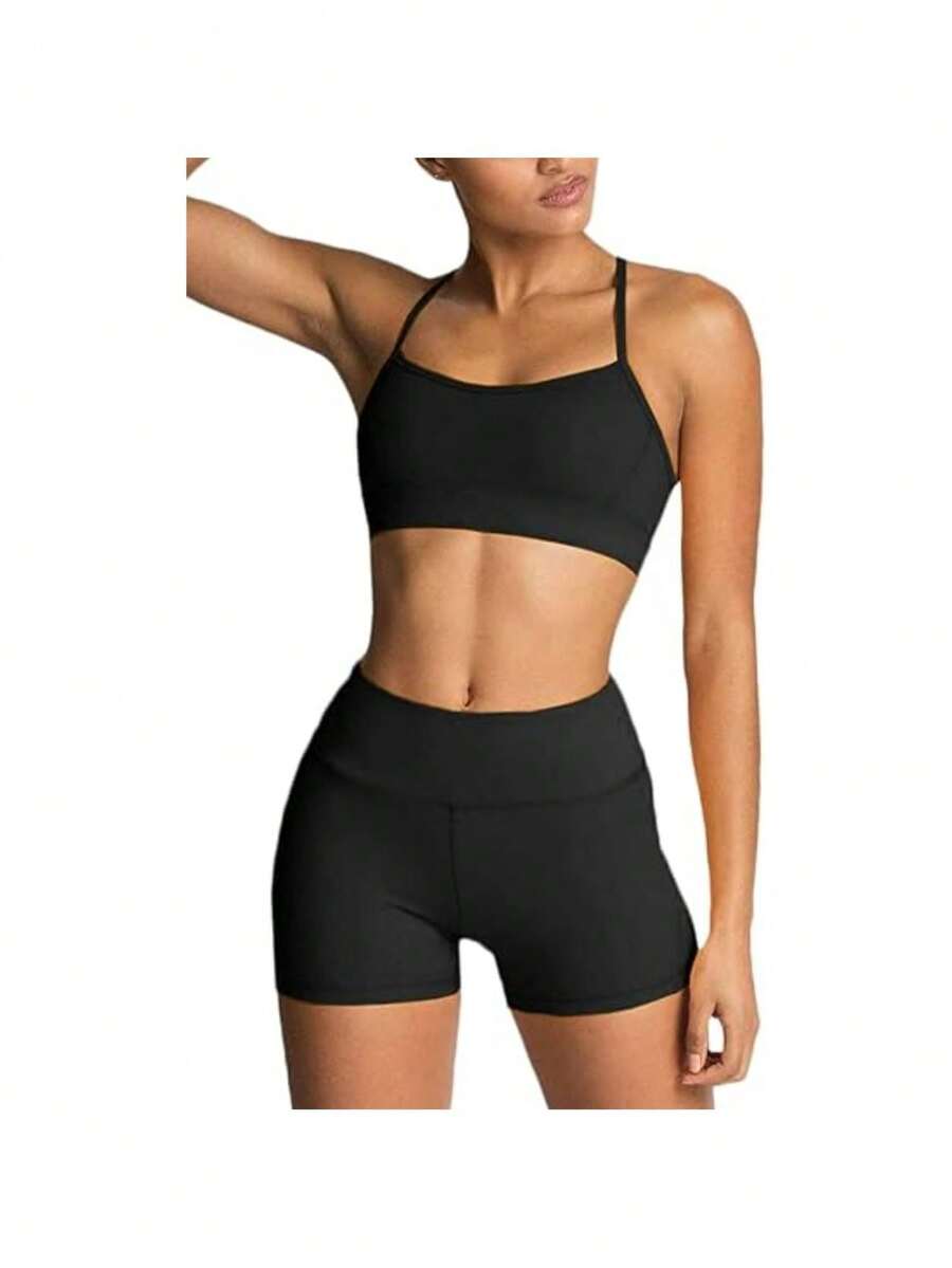 Golf Outfit Women Gym Set Women's Workout Sets 2 Piece Yoga Outfits High Waisted Yoga Leggings Shorts And Sports Bra Gym Clothes Tracksuit Sport Bras+ Sport Short, Yoga Sets Women Vacation Outfits Women,Conjuntos Deportivos De Mujer - 黑色 - 查看 1