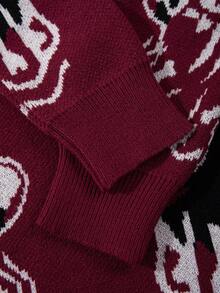 Men's Street Style Dinosaur Print Black Long Sleeve Crew Neck Sweater, Casual Loose Fit Pullover Knitted Top, Suitable For Spring, Autumn, Winter - Red - View 6