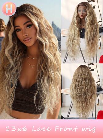 Presenter till kvinnor Juldekorationer Julklappar Kostymperuk (Orange/Svart Färg) 13X6 Lace Front Peruker med babyhår Syntetiskt Fiber Importerat från Japan 30 Tums Vattenvåg Extra Långa Peruker Syntetiskt Fiber Värmebeständig Peruk Elastisk Mesh Mössa Lämplig För Alla Människor Dagliga Sammankomster, Högkvalitativt Dam Naturligt Och Vackert Syntetiskt Mjukt Fejkfiberhår Jul