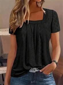 Square Neck Embroidered T-Shirt, Casual Short Sleeve Pleated Blouse, Spring Summer Women Clothing - Black - View 10