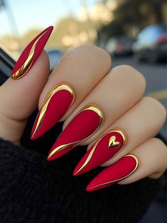 24Pcs Red & Golden Almond Nails, Matte Finish Luxury 3D Heart Press On Nails For Women, Valentine's Day/Party Manicure Style