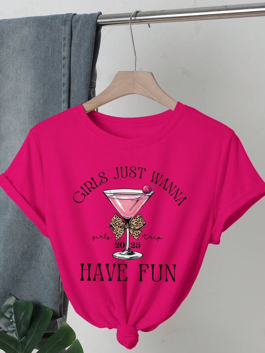 Mädchen Reise-Themen T-Shirt, Rundhalsausschnitt, Kurzarm Design, süßes Sommer Top für Frauen, perfekt für einen Mädels-Ausflug mit Freunden. - Heißes Pink - Übersicht 1