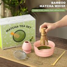 Matcha Whisk Set,Ceramic Matcha Kit Set Includes With Spout, Whisk,Holder,Bamboo Scoop Sifter,5 Pcs Matcha Tea Kit Matcha Lovers, Ideal Gift , Birthday (Green) - Pink - View 3