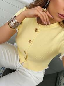 Women's Summer Button Ear Design Beige Knit Top, Elegant Casual Short Sleeve Knit Sweater, Suitable For Dates And Daily Wear - Multicolor - View 2