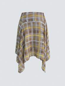 新款时尚优雅格子休闲波西米亚风雪纺不对称下摆半身裙，适合度假、海滩、节日、下午茶、日常穿着、旅行等场合。 - 花棕 - 查看 7