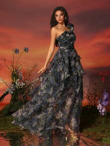 VIPGIRL Asymmetric Ruffle Hem Evening Gown - Black - View 4