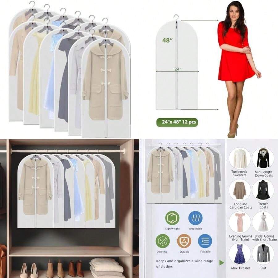 Paquete de 12 bolsas transparentes para ropa de 48 pulgadas, fundas de almacenamiento a prueba de polvo con cierre completa, organizadores colgantes extralargos para trajes, vestidos(default) - Multicolor - Ver 1