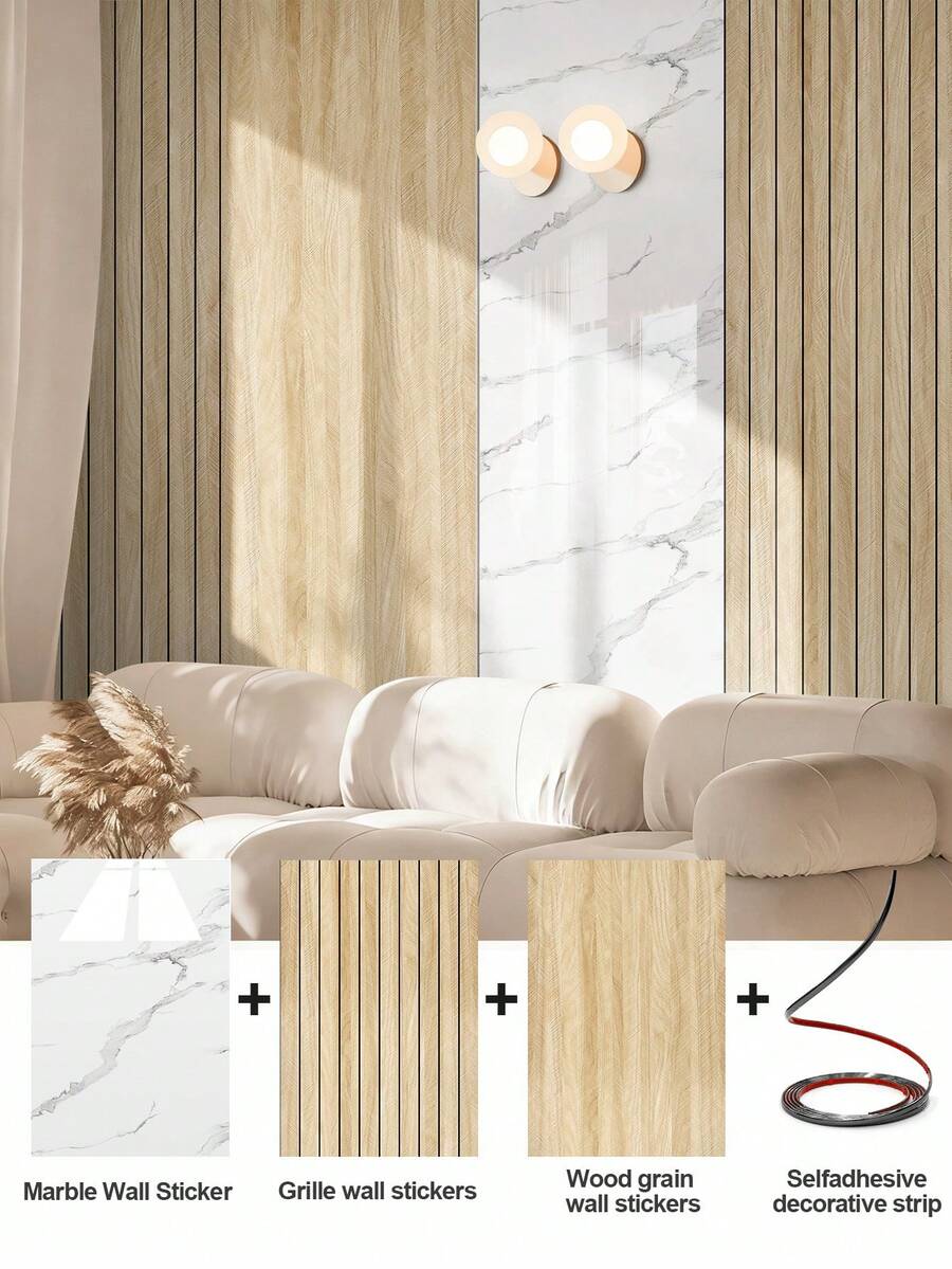 1 Cuộn Tấm ốp tường kết hợp thanh nhựa PVC và đá cẩm thạch tự dính, tấm dán tường vân gỗ sồi giả dày, cách âm 3D, có thể tháo rời và xóa được, dùng cho tường và trần nhà