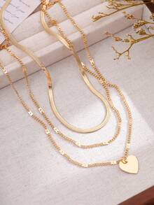 1 pieza Conjunto de collar vintage de múltiples capas para mujer, collar de cadena con corazón dorado y hueso de serpiente, diseño único de lujo tipo gargantilla - Amarillo Oro - Ver 8